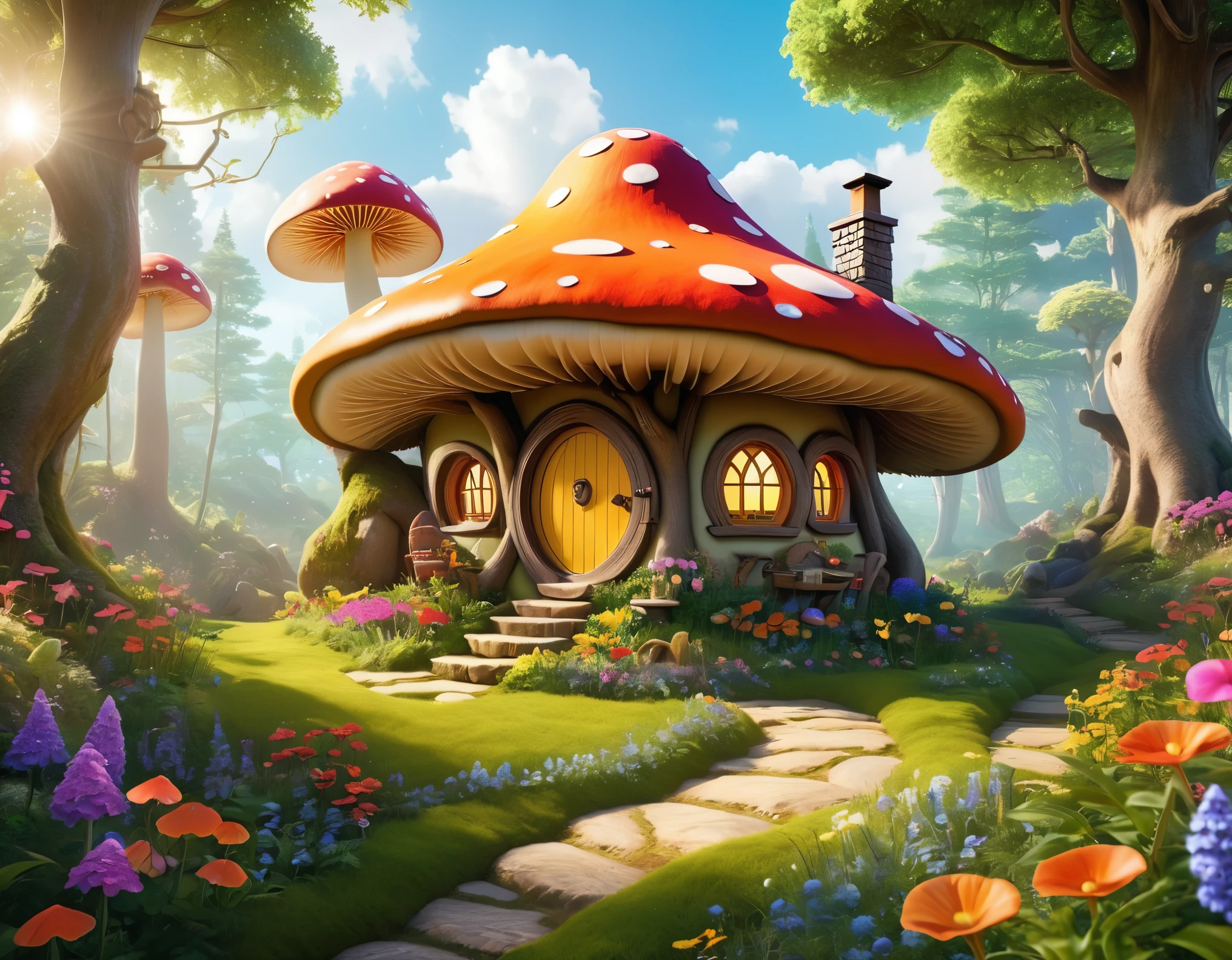 (Mysterious fantasy forest,Dense trees,A strange and cute little tree:1.5),Hobbit Cottage, vividly depicted in the work (best quality, 8k, Advanced Solutions, masterpiece: 1.2), With super detailed details, (1.4 倍Reality, Reality: 1.37). This dreamy forest is made up of bright colors,Bathed in the warm sunshine, create cheerfulness、whimsical atmosphere. The house was designed with great attention to detail, Featuring complex designs and unique architecture, Similar to a mushroom-shaped house。 (This dreamy forest is surrounded by lush greenery and colorful flowers), Enhance enchanting and magical environments。 The artwork demonstrates an illustrative style, Inspired by children's book illustrations, Ensures a charming and nostalgic touch. The color palette consists of bright rainbow colors, Seven colors,Evoke feelings of joy and playfulness. Lighting sets off the picturesque scene, Create soft, warm shadows,Add depth and warmth to artwork. Every detail is impeccably presented, Create visually stunning masterpieces,Capture the essence of Fantasy Forest.