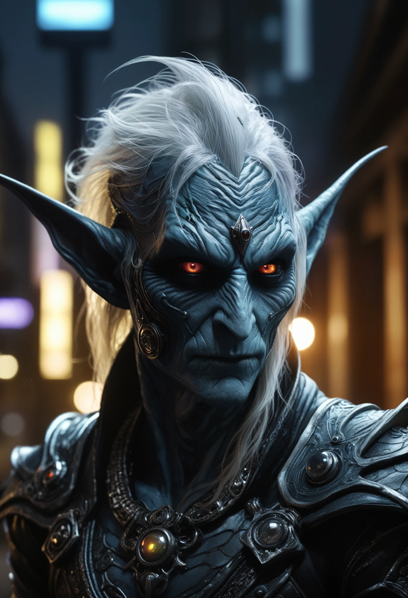 evil ghost,Euchlorine Malekith goblin,anti-hero,jealous,another world,dead city,future,ring of truth,urban,extremely detailed,intricate detailed,hyper realism,dramatic light,close full body shot, full body length shot,masterpiece,intricate details,faded,eyes extremely detailed, high detailed eyes,4k resolution,RAW, Nikon Z9,back view,