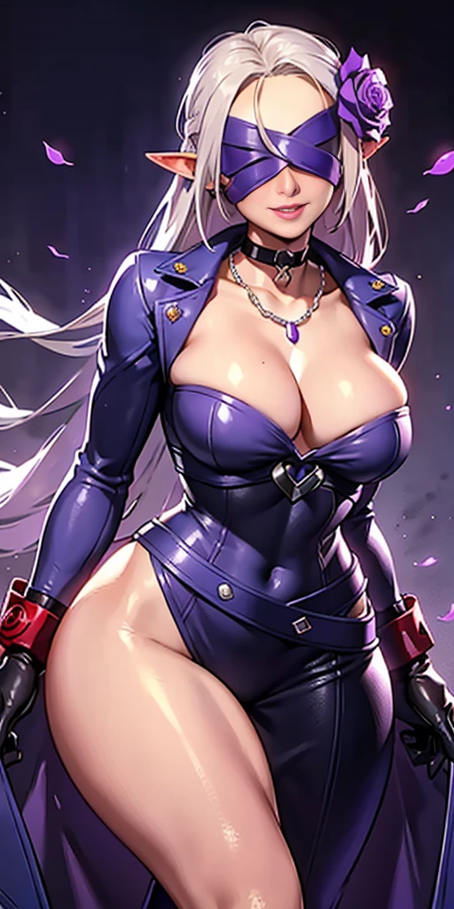 (plain background) 1woman Cammy White like drow elf purple skin (purple skin) long white hair, earring with purple gem, purple gloves, purple lips, white wedding dress with purple corset, ornate clothes, tall, big breasts, blushed face, smile, red cheeks, pearl necklace, leather collar, glossy lips, sparkling shinny skin (hair flower) (flower rose) (purple rose) realistic, classy, elegant, refined (cross belt blindfold)