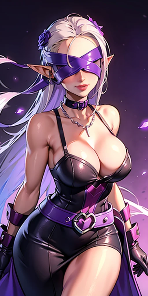 (plain background) 1woman Cammy White like drow elf purple skin (purple skin) long white hair, earring with purple gem, purple gloves, purple lips, white wedding dress with purple corset, ornate clothes, tall, big breasts, blushed face, smile, red cheeks, pearl necklace, leather collar, glossy lips, sparkling shinny skin (hair flower) (flower rose) (purple rose) realistic, classy, elegant, refined (cross belt blindfold)
