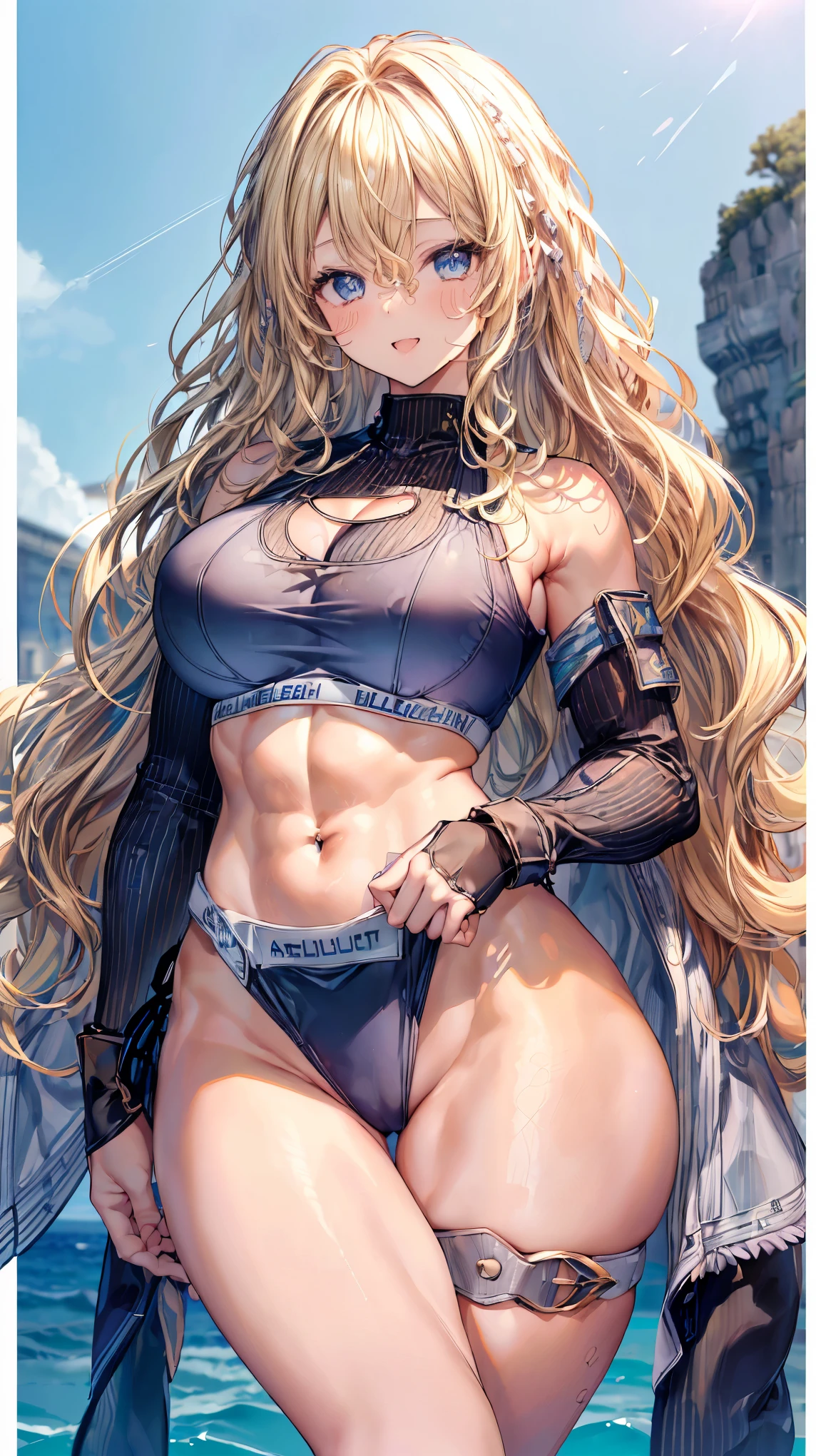 (Adult women:1.5)、Very detailed、highest quality、Best image quality、masterpiece、8k、Anime Face、A kind smile、(Open your mouth:1.3)、Sparkling blue eyes、(Blonde Wavy Hair:1.5)、、Muscles of the whole body、(High leg:1.5)、Thigh belt、(Wearing a bikini:1.5)、(Cowboy Shot:1.5)、SFW Giant