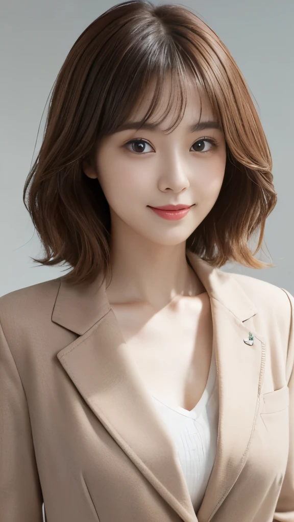 (Very detailedな CG Unity 8k 壁紙, highest quality, Very detailed, Looking at the camera:1.2, The light shines on your face:1.5, Gray background, Professional Lighting), Japan female, 26 years old, Upper body composition with brightly lit face. She has an oval face, Soft arched eyebrows, bright expressive eyes,, pronounced nose, And a friendly smile. Her hair is shoulder-length, straight, Dyed a light chestnut color. She is wearing a smart casual blouse, Probably soft colors, Paired with a chic blazer, Embody her lively and sociable personality