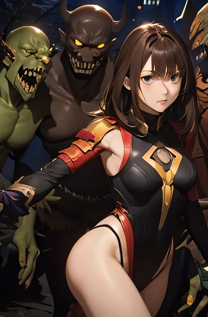 Slender women 19 years old Light brown hair parted in the center(Messy Hair)Surrounded by monsters The monster grabbed my arm. Eyes are small、Sharp、Drooping Crying face Tears overflow Open your mouth Cheeks are slightly rounded Run away with all your might Red body armor(No sleeve、High leg、Thigh exposure) Surrounded by monsters The monster grabbed my arm. Long legs Captured by a monster Surrounded by monsters capture The background is a dark midnight city