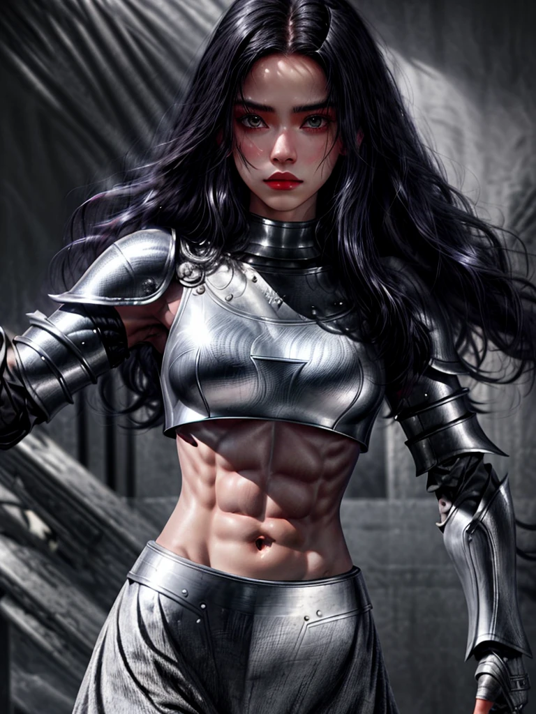 1girl, crop top silver armor, abs,very long black hair