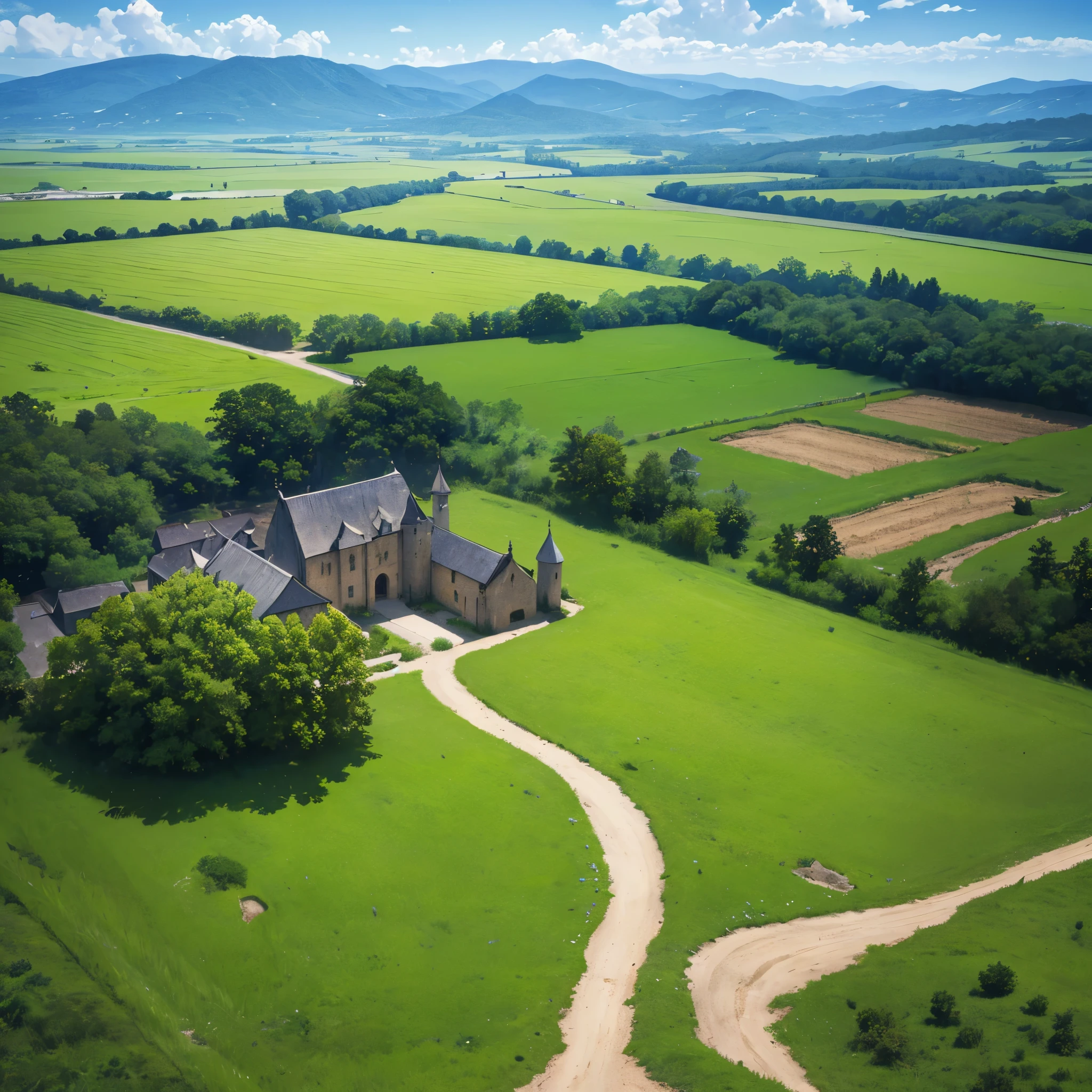 a medieval agricultural field, with a dirt road going to the bottom of a forest, open field with agricultural plantation, custom medieval stone houses, some trees in the scene, daytime location, blue sky and clouds,Surrealism, drop shadow, anaglyph, stereogram, tachi-e, pov, atmospheric perspective, 8k, super detail, ccurate, best quality, highres, highres, UHD, retina, masterpiece, ccurate, anatomically correct, textured skin, super detail, high quality, 8k