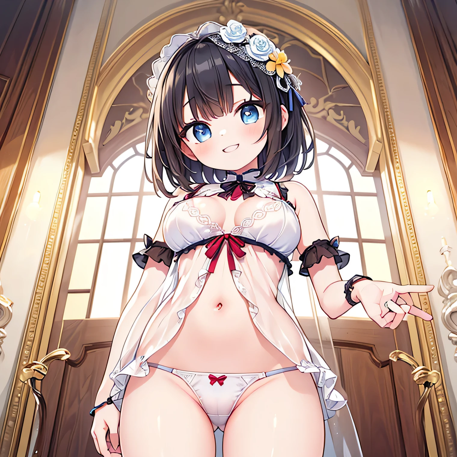 (masterpiece:1.4), (highest quality:1.4),Cute beautiful girl、Cute detailed eyes、 (Perfect Face)、very cute、(((Transparent underwear that is thin enough to show skin)))、Large areola、Subject viewed from below、Smiling with teeth showing