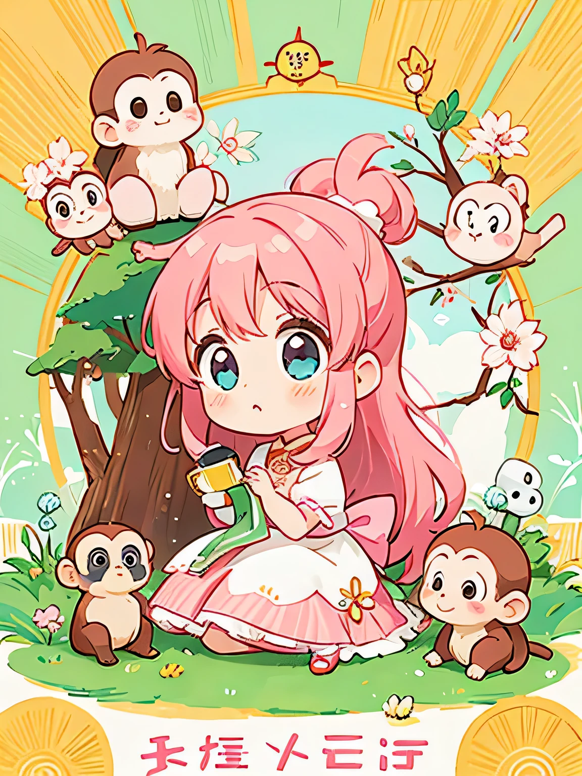 momoko Sakura style, Kawaii Design, The most beautiful girl of all time、Chibi, monkey, play together、monkey Forest