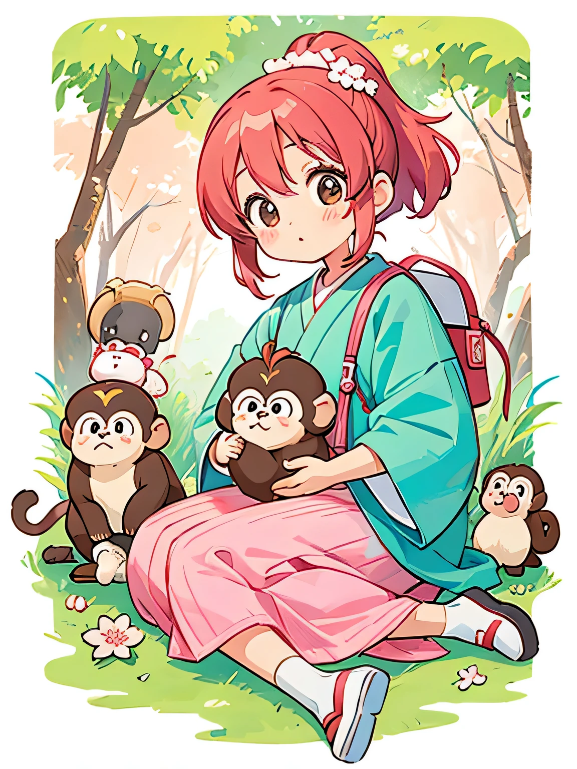 momoko Sakura style, Kawaii Design, The most beautiful girl of all time、Chibi, monkey, play together、monkey Forest