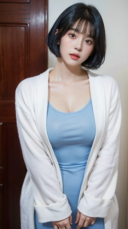 Highest quality，26 years old，woman，blunt bangs，Blue Hair，Short Crop Hair，Hair is wet，With big eyes、Deep blue，Bright、Has a lively expression，Healthy and bright skin tone，Small mouth，Thick lips，(flom behind)，whole body，Big Breasts，The thighs are a little thicker，Looking at the camera，Cinema Lighting，No eye shadow needed，Bathrobes，The chest area is wide open，