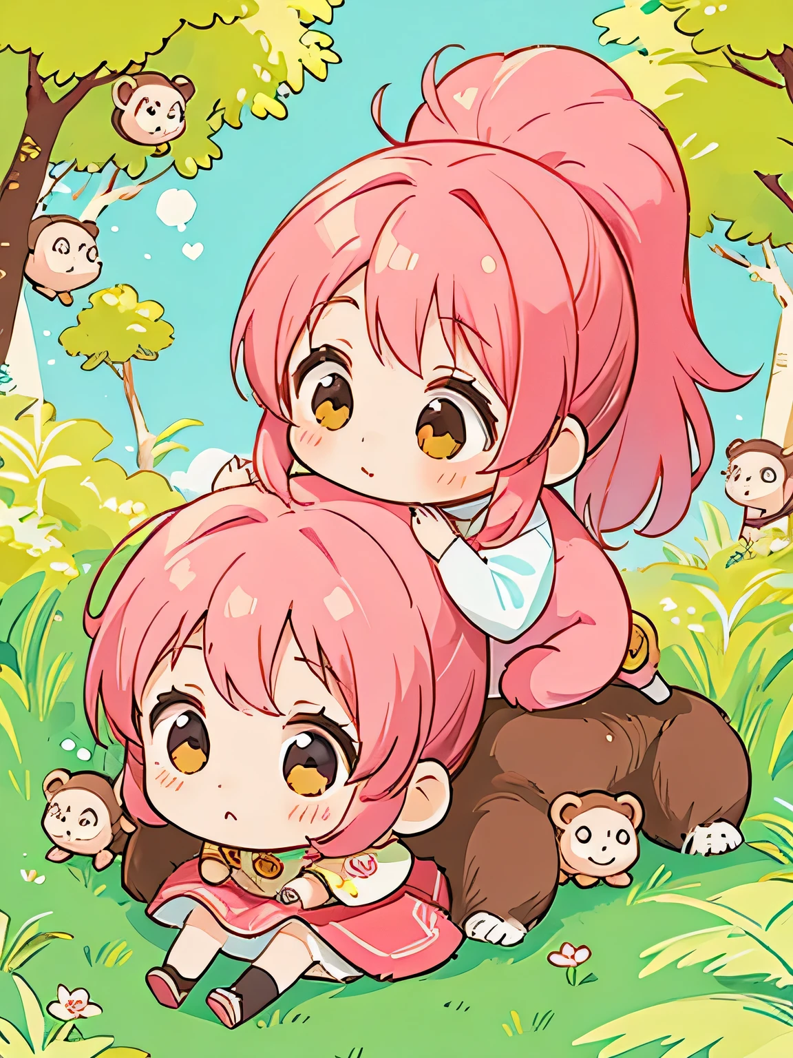 momoko Sakura style, Kawaii Design, The most beautiful girl of all time、Chibi, monkey, play together、monkey Forest