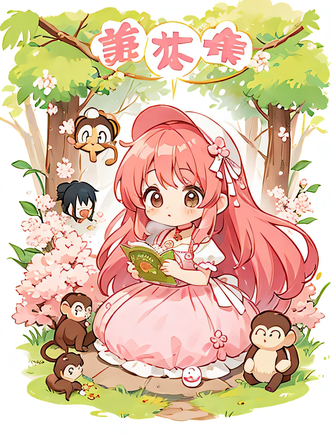 momoko Sakura style, Kawaii Design, The most beautiful girl of all time、Chibi, monkey, play together、monkey Forest