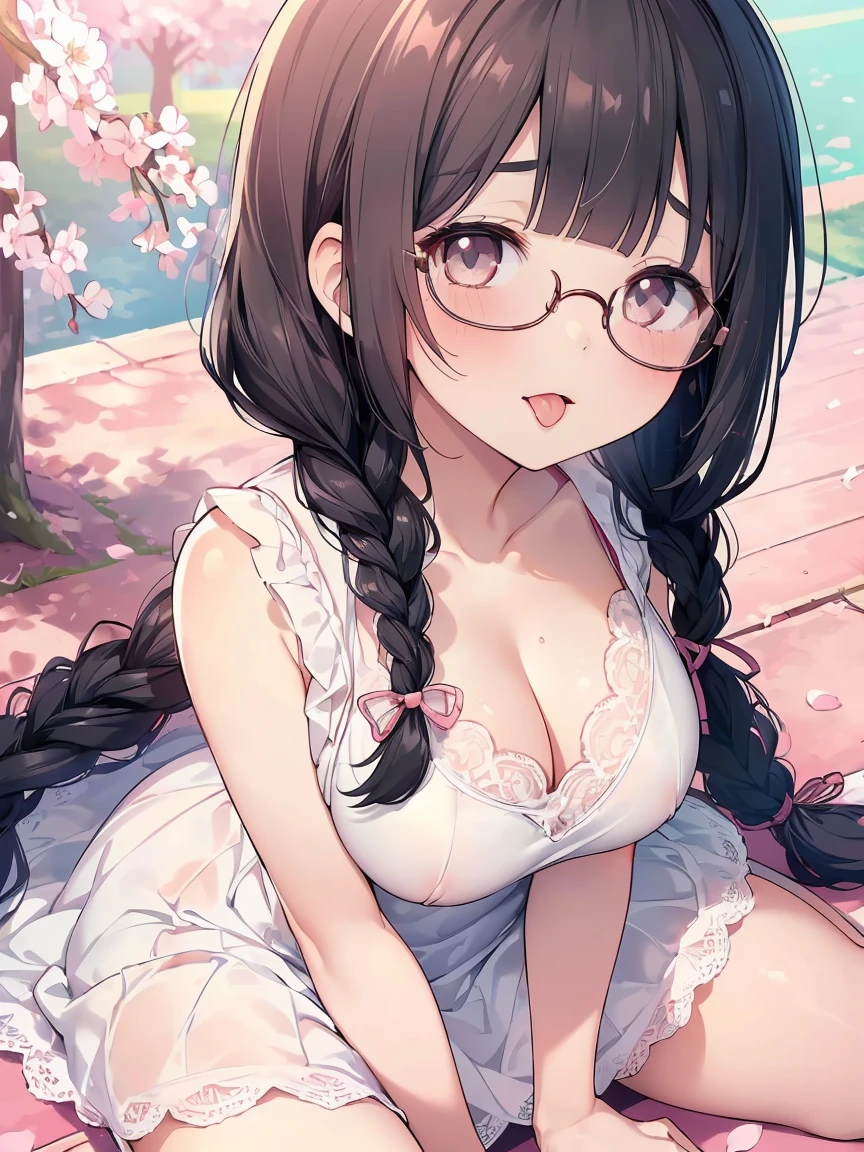 Very detailed, highest quality, High resolution, Moe Anime, ((A cute elementary school girl with black hair and droopy eyes)), ((Wearing large round glasses:1.4)), (Baby Face), Cute eyes, Detailed eye depiction, Sparkle in the eyes, View your viewers, Pale skin, (Big eyes:1.4, Droopy eyes:1.4, Fatty face:1.4), smile, Focus on the face, In the park with cherry blossoms falling, Sitting, (Extreme close up of tongue), (((From above))), Open your mouth, (((Face only:1.3))), ((white lace sleeveless dress)), Bright Eyes, Light from the front, (Put your hands between your legs:1.4), large and long tongue, Cleavage, Braided Hair, Pink ribbon