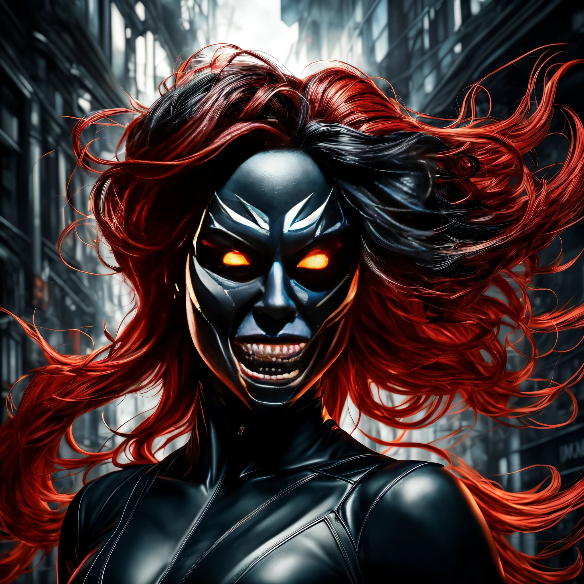 and intense, with piercing gaze and dilated pupils. The supervillain is dressed in a sleek, black outfit that accentuates their athletic physique. Their facial expression is twisted with a wicked smile, revealing sharp, menacing teeth. The character's hair is disheveled and wild, adding to their chaotic appearance. The background is filled with swirling motion and vibrant colors, representing the energy and frenzy they create. The lighting is dramatic, casting deep shadows and emphasizing the character's sinister aura. The overall art style is a mix of comic book and digital illustration, giving it a modern and dynamic feel. The color palette is dark and intense, with vibrant pops of red to symbolize danger and power. The prompt ensures the highest quality and detail, with ultra-fine painting and realistic rendering. The resulting artwork is a masterpiece, capturing the essence of the supervillain's unpredictable and diabolical nature.