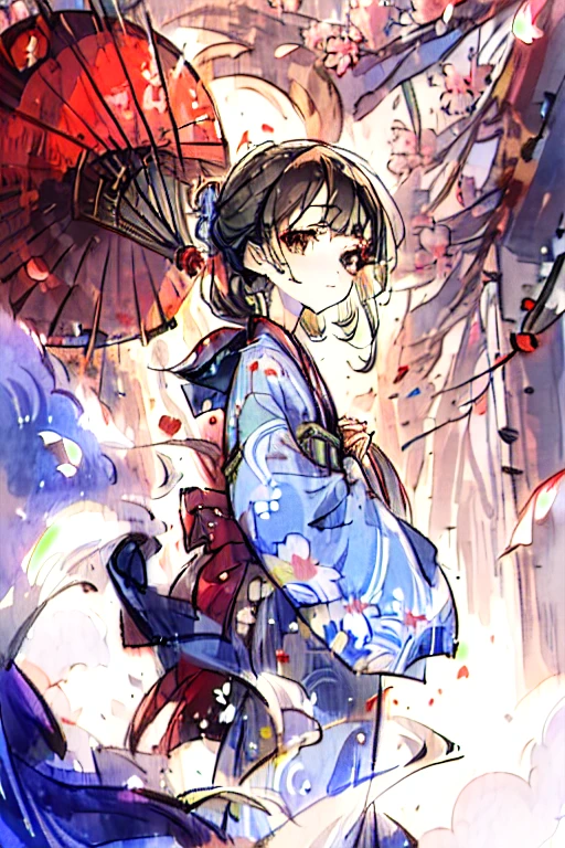 (((masterpiece: 1,5, highest quality, High resolution, Super Resolution, Super detailed: 1,2, Rich background: 1,4))), (close), (One girl), alone, Green Eyes, blonde long hair tied with blue ribbon, hair ornaments, Blunt bangs, smile, high school girl, Mid-chest, ((null中に手を上げる)), kimono, (Blue short-patterned kimono), Sandals, ribbon, heart, ((Outdoor)), Cherry Blossom, (torii), Stone stairs, null (afternoon), Cherry Blossoms fall, ((Dramatic Light: 1,3)), cloudy, (Mt.Fuji scenery)