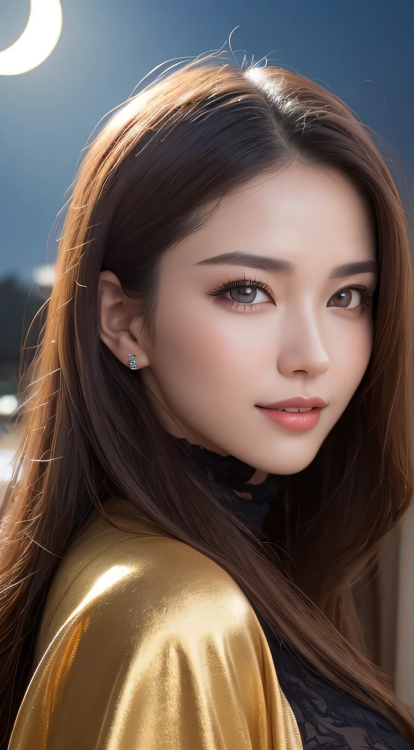 Kimono beauty, body portrait, 8k, thin and beautiful eyes, Dindal effect, masterpiece, top quality, high quality, high resolution, very detailed photo, (natural skin texture, fine skin, hyper realism, super sharpness) , high detail skin, (very fine, fine skin texture, intricate details, beautiful face, (real-like face), realistic eyes, beautifully detailed eyes, realistic skin, beautiful skin, surreal, Highly detailed, golden ratio, smiling eyes, ((night moonlight background)), body portrait, G cup, big breasts, huge breasts, big breasts, glamorous, shiny bodysuit