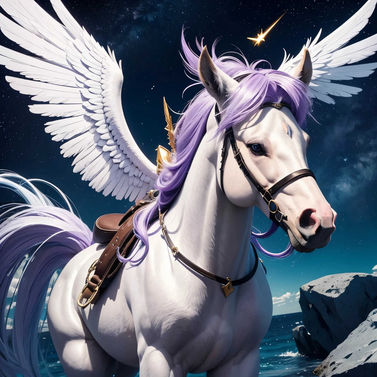 Um ponei pegasus MASCULINO HOMEN
 ao estilo de My Little Pony com pelo meio amarelado claro, asas meio amareladas claras com pontas brancas, crina e cauda roxas com mechas prateadas, a Cutie Mark that is a purple wing with a white shooting star, and a facial expression of fearless brave.