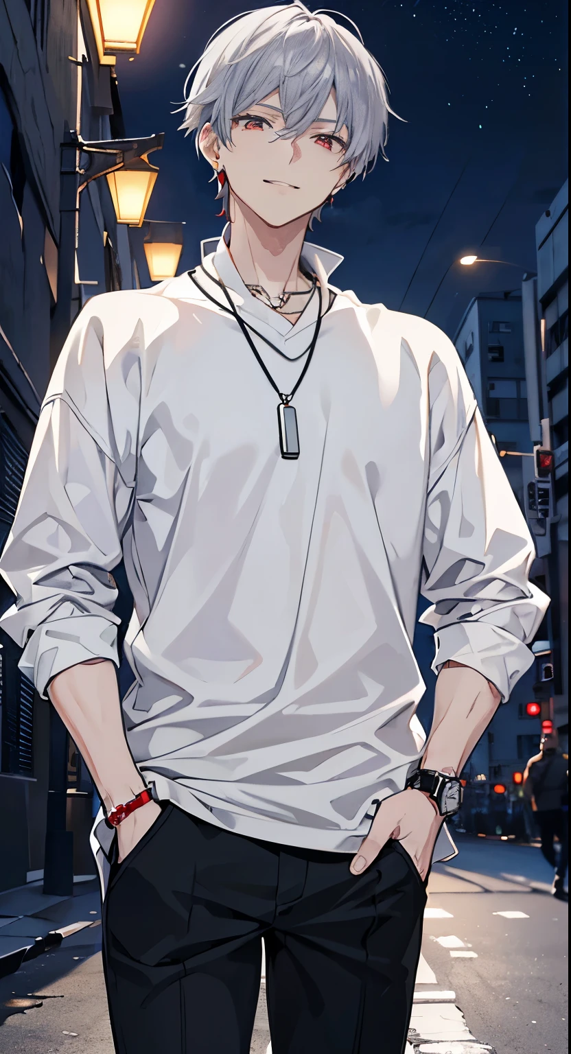 High resolution, high resolution,2D Anime Style,,Cool guy,Mature look,,20th Generation,Short Hair,Silver Hair,Red eyes,Beautiful watch,Beautiful earrings,Beautiful necklace,Near-future cyber military fashion,He is smiling a little,night,walking,Put your hands in your pockets
