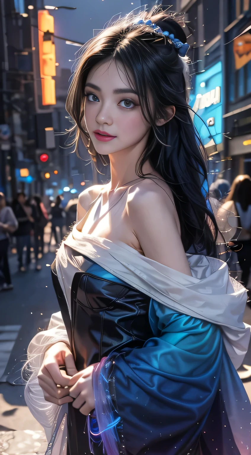 Black Hair, Hair shaking, victory, Long eyelashes, Solid round eyes, A faint smile, Red ears, direction, Surrealism, shadow, comfort, Stereogram, Standing picture, view, Atmospheric perspective, 8k, Super Detail, precise, best quality，(masterpiece), best quality, Ultra-high resolution,, Cyberpunk, 1 girl, Amazing city views ,Hoodies,Blue Hair, Very long hair, Off-shoulder, Feather hair accessories, (gradient neon color:1.5), flash, Movie Lighting, Reality, Realistic skin, HDR, Fisheye