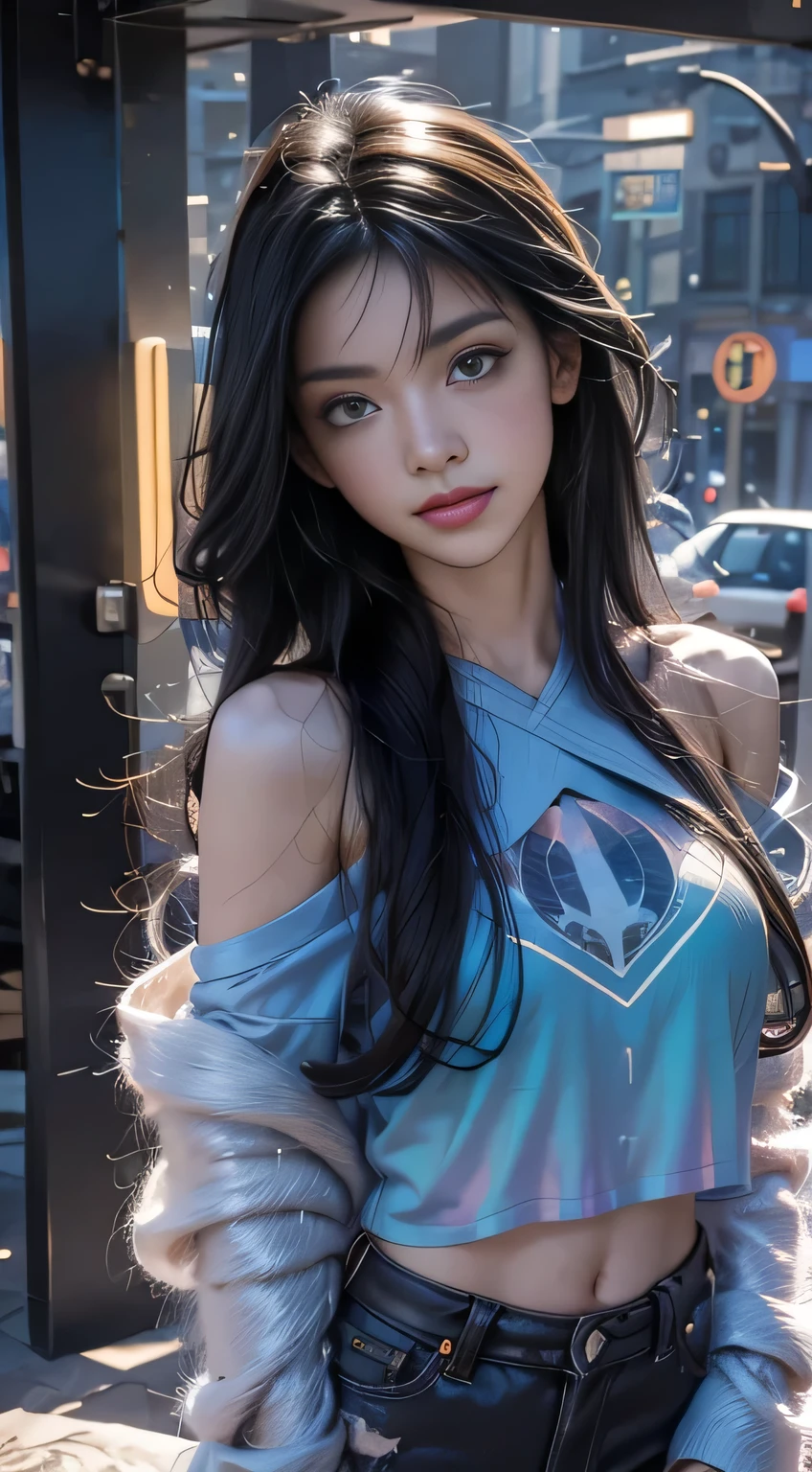 Black Hair, Hair shaking, victory, Long eyelashes, Solid round eyes, A faint smile, Red ears, direction, Surrealism, shadow, comfort, Stereogram, Standing picture, view, Atmospheric perspective, 8k, Super Detail, precise, best quality，(masterpiece), best quality, Ultra-high resolution,, Cyberpunk, 1 girl, Amazing city views ,Hoodies,Blue Hair, Very long hair, Off-shoulder, Feather hair accessories, (gradient neon color:1.5), flash, Movie Lighting, Reality, Realistic skin, HDR, Fisheye