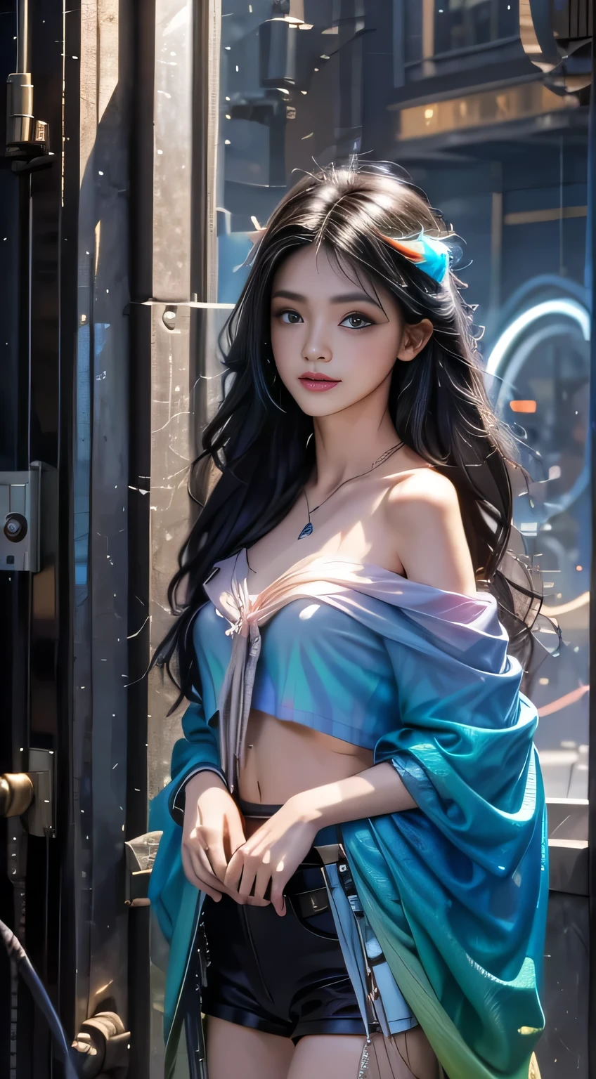 Black Hair, Hair shaking, victory, Long eyelashes, Solid round eyes, A faint smile, Red ears, direction, Surrealism, shadow, comfort, Stereogram, Standing picture, view, Atmospheric perspective, 8k, Super Detail, precise, best quality,(masterpiece), best quality, Ultra-high resolution,, Cyberpunk, 1 girl, Amazing city views ,Hoodies,Blue Hair, Very long hair, Off-shoulder, Feather hair accessories, (gradient neon color:1.5), flash, Movie Lighting, Reality, Realistic skin, HDR, Fisheye