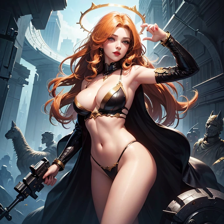 (Masterpiece, Top Quality, Best Quality, Official Art, Beautiful and Aesthetic: 1.2), (1 Girl), Sexy and Alluring, Big Breasts, Shapely Figure, Stunningly Beautiful, Sex Symbol, (High Contrast Lighting, Cinematic), Red Lipstick, Curly Blonde Hair, Cleavage Exposed, Seductive Pose, Long Eyelashes, Smoky Eye Makeup, (Golden Halos, Halo Effect), Radiant Skin, Hyper-Realistic, Detailed, Sultry Expression.