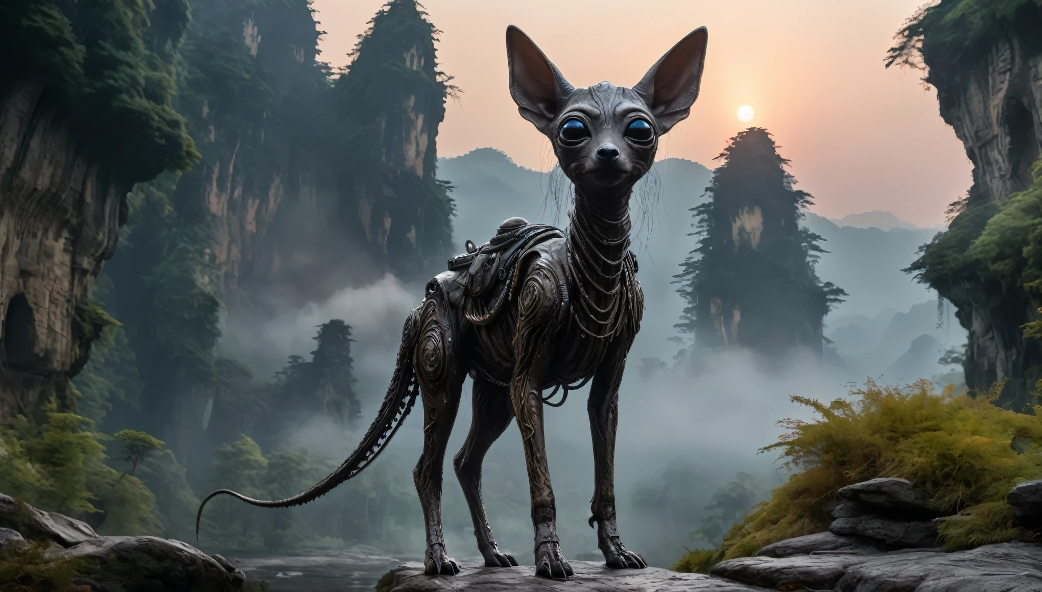 full body length,niobium fawn from star wars,native indian,ominous landscape, opal goblin,Obsidian atmosphere,flying islands,dangerous atmosphere,intricate details,realistic humid skin,extremely intricate details,Epic Realistic, cinematic style,dramatic light,anatomically correct,eyes extremely detailed, high detailed eyes,UHD,HDR,Cinematic, Technicolor,natural skin textures, hyper realism, hyper detailed,High contrast,Realism,Ultra Detailed,irina yermolova,close full body shot, masterpiece,faded,16k resolution, Nikon Z9,The Alien Entity,sunset,Zhangjiajie National Forest Park of China,Madness evil landscape. Tentacles rising from the abyss, polluted river, macabre cemetery, bloody moon