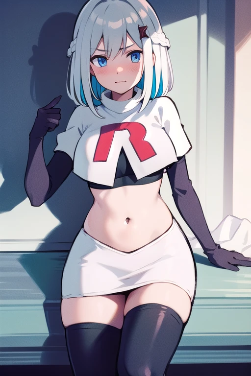 masterpiece, best quality, topaz, blue eyes,1girl, silver hair,multicolored hair, hair, hair ornament, embarrassed, team rocket,team rocket uniform,white skirt,red letter R,crop top,black thigh-highs,black elbow gloves, breasts, 