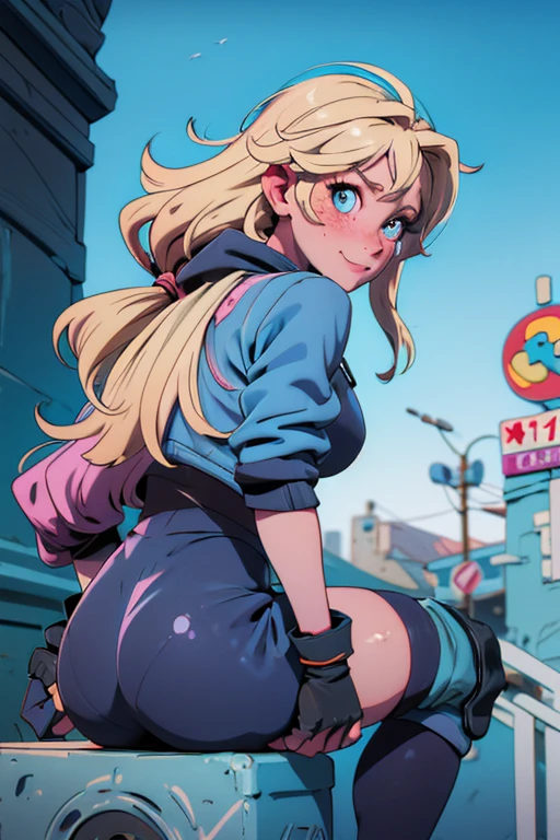 1 masterpiece, 1 girl, blonde hair, medium hair, aquamarine eyes, medium breasts, thighs, thick thighs, wide hips, butt, focus on butt, ass, covered anus, naughty face, nervous smile, blush, sweat, sweat beads, clothing, tight clothing, turtleneck, bicycle shorts, cameltoe, gloves, black gloves, fingerless gloves, pink and blue sneakers, blue sweatshirt, hood, jacket open, long sleeves, knee pads, black knee pads, view from behind, looking back, looking at viewer, asertive female, female focus, leaning forward, imminent penetration, imminent anal, (((sitting on a bollard))), bollard insertion into anus, bollard, bollard pipe, (((bollard masturbation))), indecency public, , blue sky, day, comic style, comic panels, anime style,
