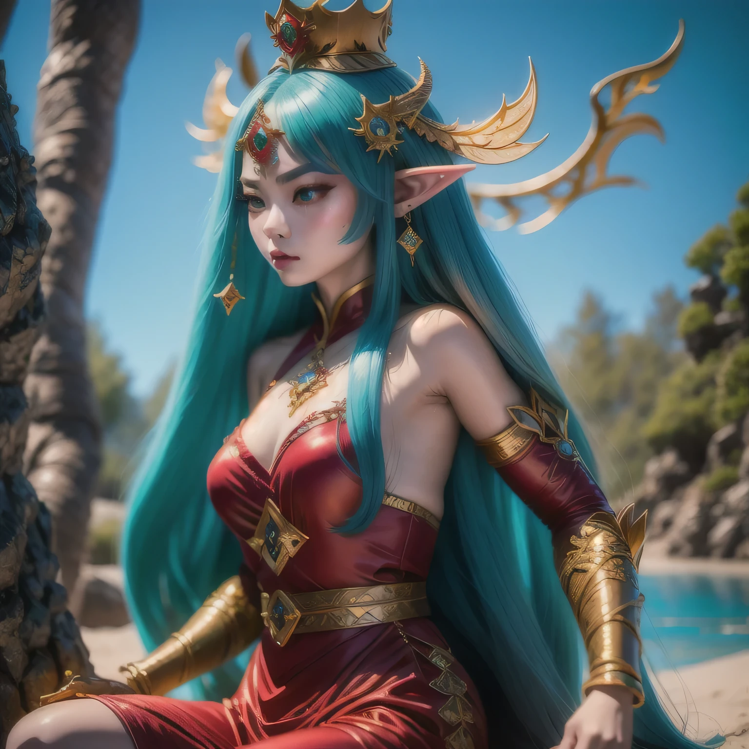 there is a mermaid with long hair and a crown on her head, portrait of mermaid warrior, the dragon girl portrait, beautiful and elegant elf queen, elf queen, mystical atlantean valkyrie, beautiful female gorgon,anime girl with long hair and red belt posing in front of a sky, beautiful digital artwork, 2. 5 d cgi anime fantasy artwork, trending on cgstation, 4k highly detailed digital art, cgsociety and fenghua zhong, digital fantasy art ), artwork in the style of guweiz, epic fantasy digital art style， white horns queen demon, portrait of an elf queen, elf princess, queen of winter, portrait of mermaid queen, portrait of very beautiful elf, sha xi, （（1 girl））, solo