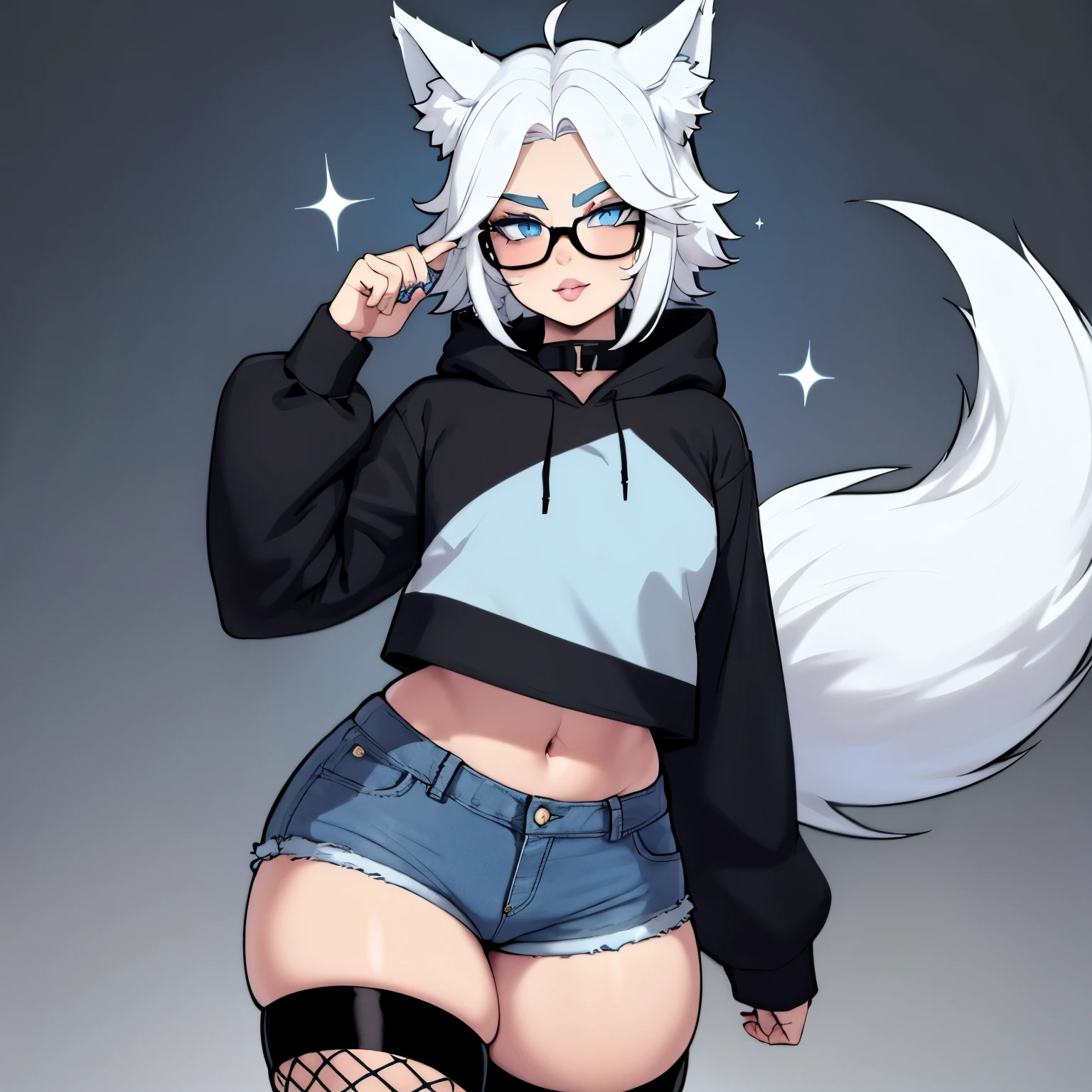 Single boy, Anime boy, Short, Long white hair, wolf ears, wolf tail, blue eyes, wearing short denim shorts, thigh high fishnets, black combat boots, oversized cropped hoodie, flat chest, super flat chest, solo femboy, only one femboy ((FLAT CHEST)) solo, alone, (SOLO)(ALONE) thicc thighs, wide hips, blue eyes, perfect eyes, perfect face, pouty lips, happy, curvy, sparkly blue eyes, wearing large round glasses