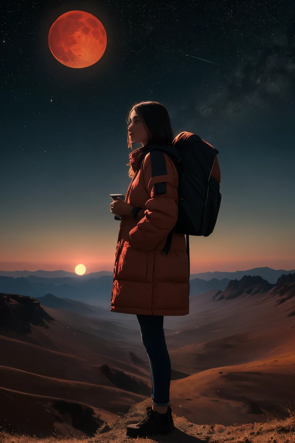 ((best quality)), ((masterpiece)), (detailed), perfect face
A Beautyfull women stands on a barren landscape, gazing at a large, vibrant red moon rising over the horizon. The individual is dressed in a warm coat and carries a backpack, suggesting they might be embarking on an adventure or returning from one. The sky above them is dark with stars twinkling faintly, adding to the otherworldly ambiance of the scene.