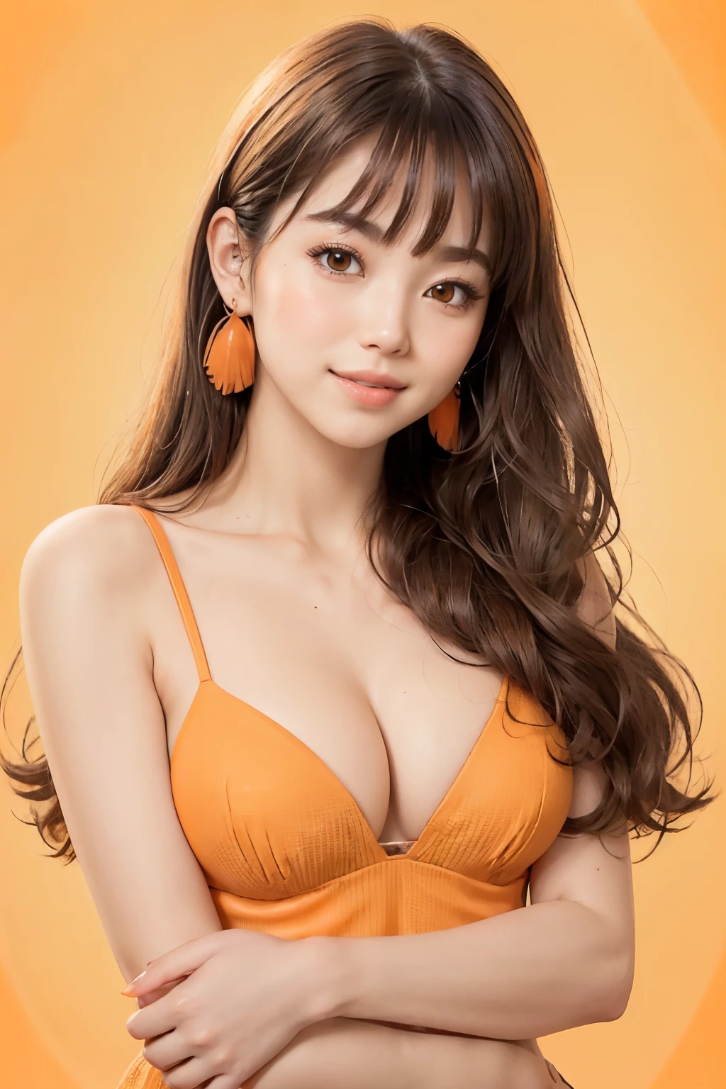 (software:1.8、masterpiece, highest quality),1 girl, alone, have, Realistic, Realistic, Looking at the audience, Light brown eyes, Black long hair with highly detailed shiny hair, long hair:1.8、Beautiful symmetrical face、Spring Clothes:1.6, Whity, lips, bangs, Outdoor, Mouth closed, Upper Body、Big eyes、eyelash、offshoulder、 ((Very simple light orange background:1.8))、(((Big eyes、big and full 胸、Looking at the audience、Beautiful beauty、Show me your ears、Long neck、smile)))、Ideal body type、((({Huge|big|Huge|Mega} Chest 2, Cleavage:2、Happy smile、Beautiful Teeth、)))、white bikini