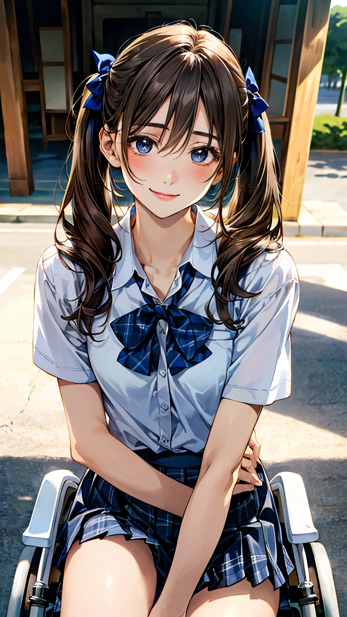 (masterpiece:1.2, top-quality), (realistic, photorealistic:1.4), beautiful illustration, (natural side lighting, movie lighting), ,
looking at viewer, full body, 1 girl, high school girl, japanese, perfect face, perfect anatomy, cute and symmetrical face, small face, round face, shiny skin,
(middle hair, low twintails, light brown hair), hair between eyes, dark blue eyes, long eye lasher, (middle breasts), slender,
beautiful hair, beautiful face, beautiful detailed eyes, beautiful clavicle, beautiful body, beautiful chest, beautiful thigh, beautiful legs, beautiful fingers,
((symmetrical clothing, white collared shirts, navy pleated skirt, blue plaid bow tie), pink panty), navy socks, brown loafer,
(beautiful scenery), depth of field, morning, (outdoors), being in a wheelchair, (lovely smile, upper eyes),