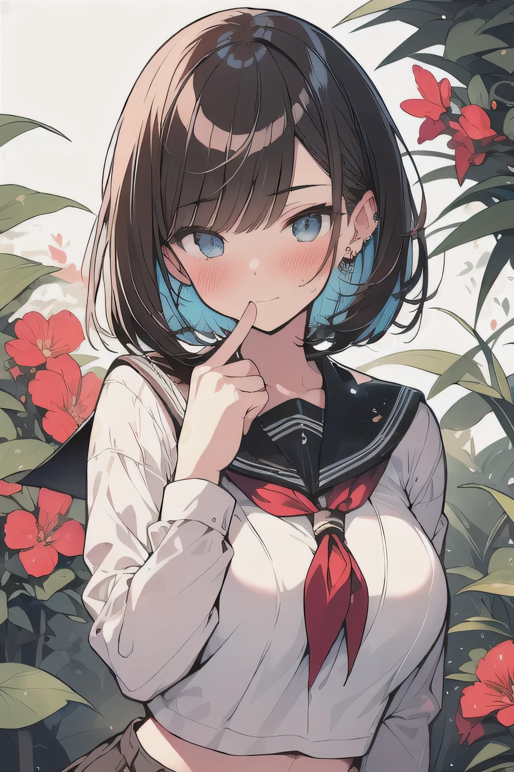 (best quality), (Super detailed), (Best Illustration), (masterpiece), (woman), {(white serafuku:1.2)}, (large breasts:1.2), {brown hair, (sideburns), (bob cut:1.3), curly hair, hairs between eyes, colored inner hair}, {(detailed eyes), blue eyes}, blush, earring, wind, botanical city