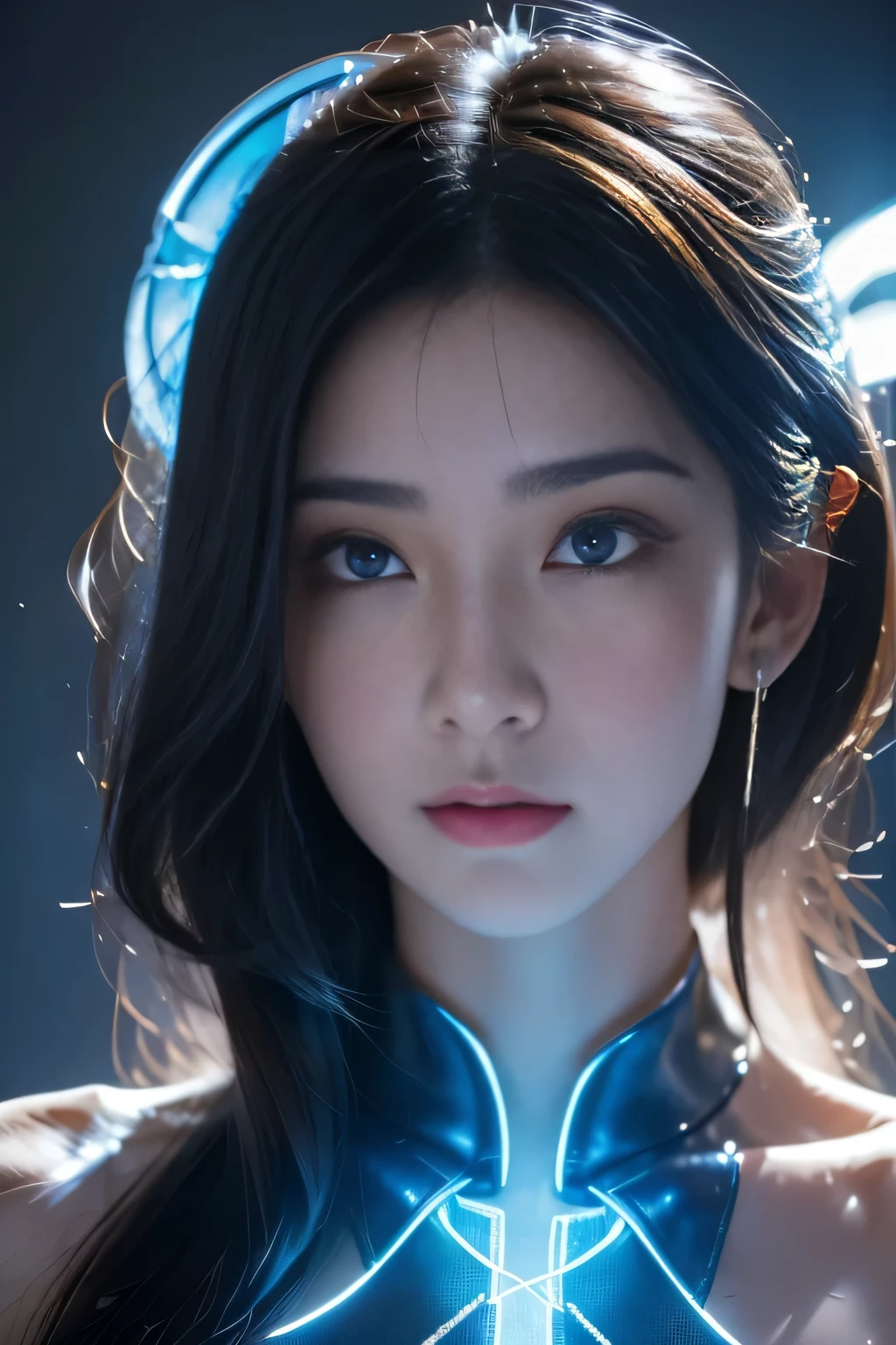 irelia from league of legends, a beautiful 24 years old woman, asian girl, dark blue long hair, blue eyes, fit body, she controls blades in the air, serious face, detailed photograph, 8k, uhd, high quality photo, bright day, grassland background, sexy girl, perfect body, perfect face, very big eyes, detailed face, detailed hands, detailed eyes, high detailed photograph, 16k, perfect woman face
