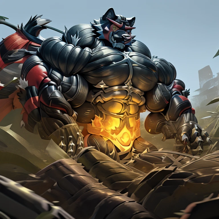 Incineroar, (gigantic muscles), 8K, Masterpiece, highres, future fiction. Detailed head, Detailed Body, full body, Detailed abs, wearing crNanosuit, big muscle (pecs, triceps, traps) unusually developed muscular body, body full of huge muscles. showing off muscles, pectorales enormes. Exaggeratedly huge muscles. Gigachad Muscular, gigantic muscles, Colossal giant NANOSUIT over a battlefield, 
The claws are sharp,
Sharp teeth,
Spread wings, have big wings.
nj5furry, Animal paws, 