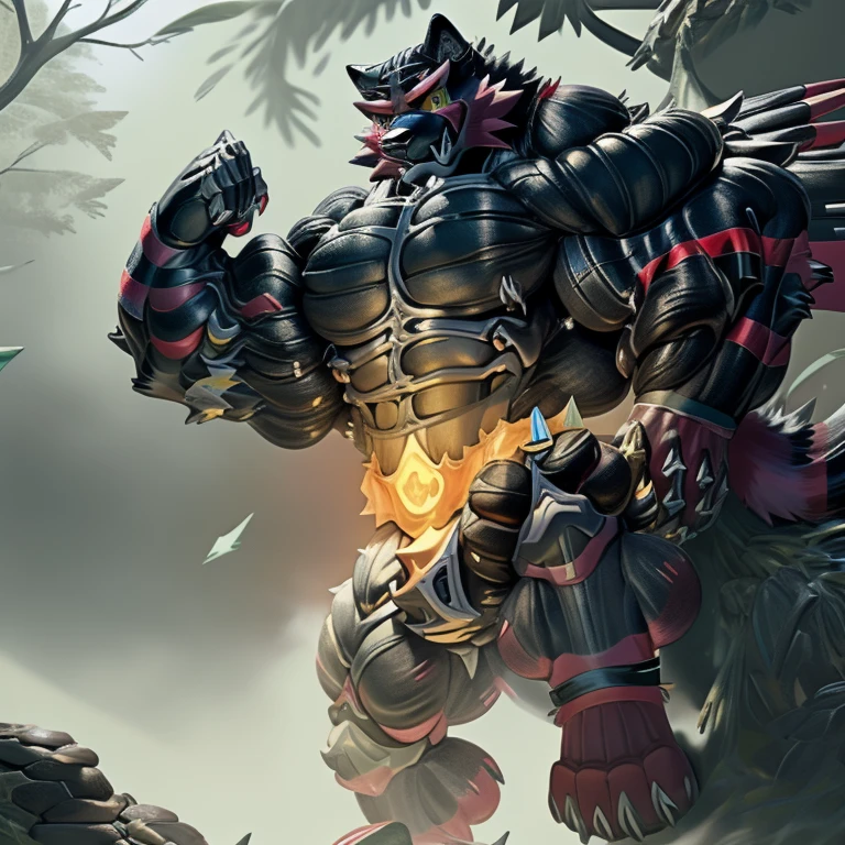 Incineroar, (gigantic muscles), 8K, Masterpiece, highres, future fiction. Detailed head, Detailed Body, full body, Detailed abs, wearing crNanosuit, big muscle (pecs, triceps, traps) unusually developed muscular body, body full of huge muscles. showing off muscles, pectorales enormes. Exaggeratedly huge muscles. Gigachad Muscular, gigantic muscles, Colossal giant NANOSUIT over a battlefield, 
The claws are sharp,
Sharp teeth,
Spread wings, have big wings.
nj5furry, Animal paws, 