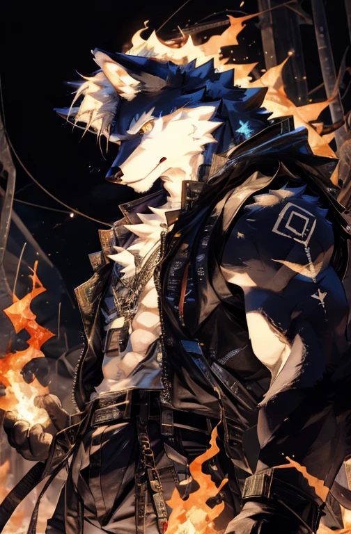 (Absurd, High resolution, Super detailed), masterpiece, highest quality, True light and shadow, alone, Pure White Wolf、silverwolf,Wolf Ears、Tank top, Finely grained, Detailed face, Detailed eyes,, One glowing orange eye、Only one eye emits flames、One eye emitting red smoke、Eyes overflowing with red light、Clear, shining eyes、cyber punk、tattoo, From below, Look Down, Not dark、Blue sky background,Uplifting, spark, clear yellow eyes, Pale White Rune