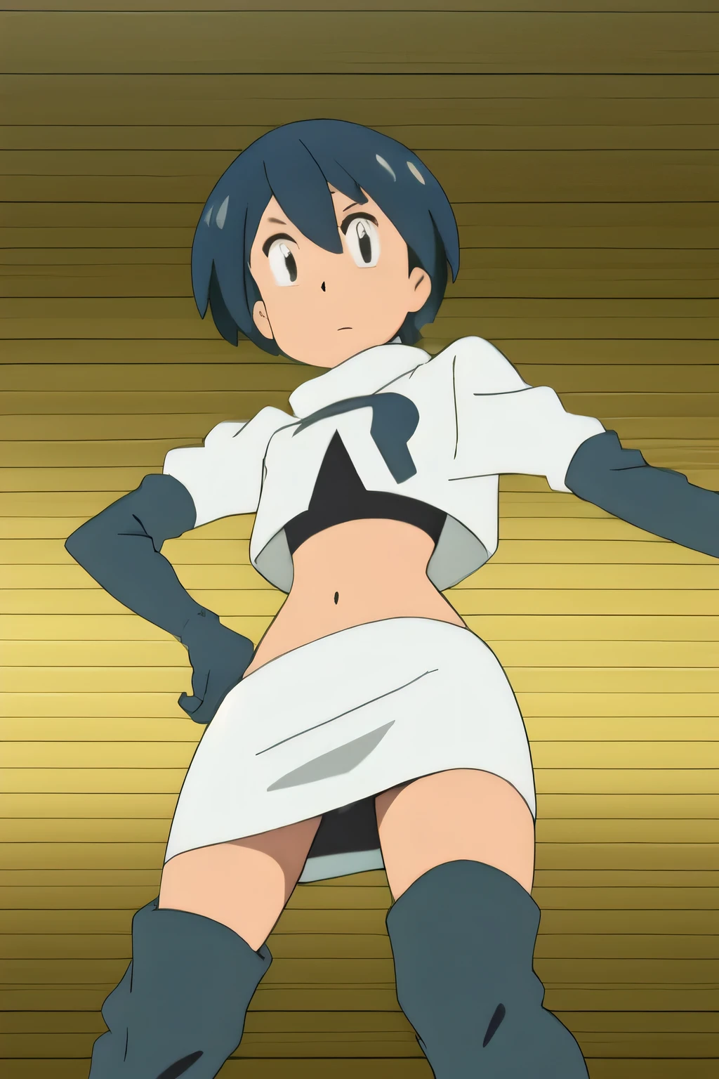 1girl in, (Solo:1.2), (Perfect body:1.1), (Best Quality:1.1), , very large breast, hands on hip,team rocket uniform, red letter r, white skirt,white crop top,black thigh-high boots, black elbow gloves, glaring angrily, looking at viewer, hands on hips,zettai ryouiki,spread legs, black panties, anime style, vivid colors, sharp focus, intense lighting