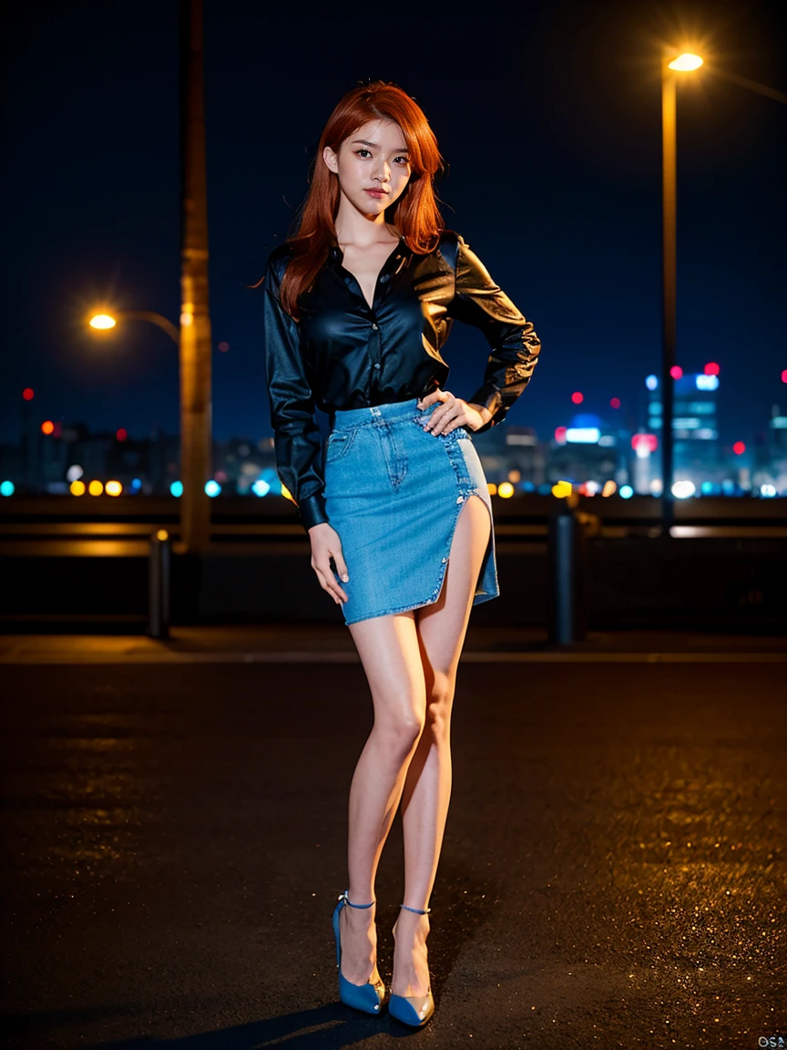 (1 lady), (Best quality at best:1.4), (ultra - detailed), (extremely detailed CG unified 16k), A Beautiful Woman with Perfect Figure: 1.4, Sharp Focus: 1.2, very detailed, High-definition RAW color photo, professional photoshooting, amazing face and eyes, cosmetics, (amazingly beautiful girl), ((asuka)), ((shirt, skirt)), standing, sexyposture，(Dark and stylish urban landscape, city lights, city lights:1.3), (look from down), realistic cinematic face, head to feet long wide zoomed out view, full body long view, photorealistic, ((realistic natural orange redhair style, blue eyes, long hair)), gorgeous, extremely beautiful face, perfect model beauty, pout mouth, Highly Detailed Face and Skin Texture, Detailed Eyes, Double Eyelids, Medium Breasts, Smile, cleavages, western, (masterpiece), best quality, high resolution, extremely detailed, blurred background, depth of field, cinematic lighting, amazing legs, high heels, clear and well-cared skin, (((woman occupies most of the picture)))