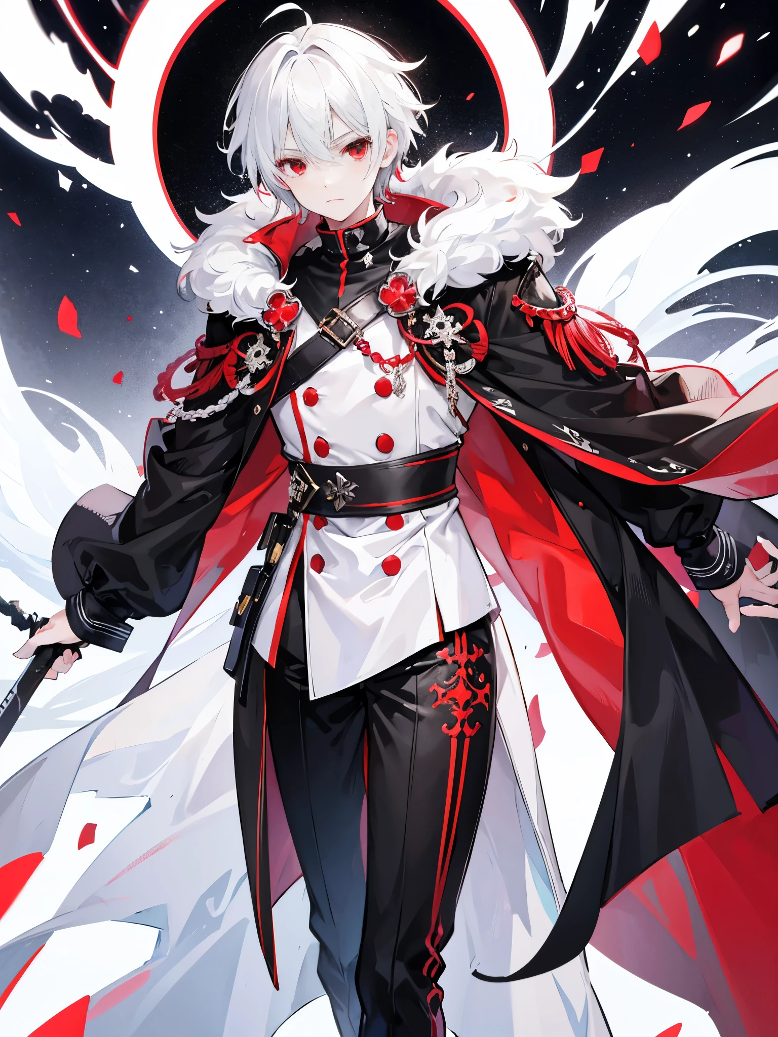 a boy, black coat, snowy white hair, male short hair, scarlet red eyes, idol costume, white dress