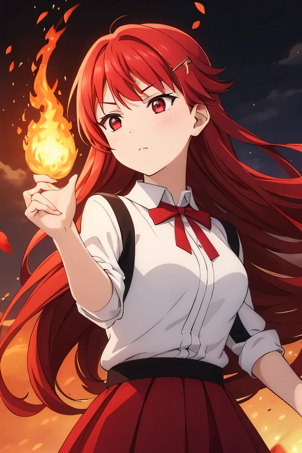 A girl with the ability to use fire with long red hair as a serious expression her lips closed with a serious expression with an open hand and a fire flame and around her fire in the night background