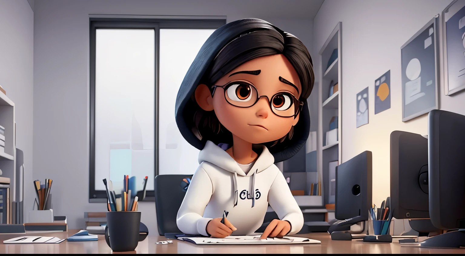 Mujer morena con pelo corto blanco y ojos negros, dressed in hooded sweater in modern office,Escritorio de computadora,pantallas,Oficina abierta,Workspace,(trabajando frente a la computadora),(Inspirado en Pixar y Disney),(color vivo),(soft and smooth lighting) #estilo pixar #loncha #Disney