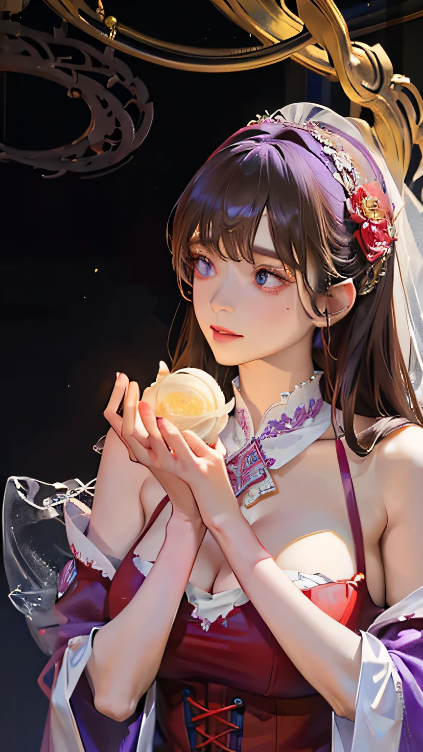 (highest quality, High resolution), Glowing Eyes, Delicate facial features, Vibrant colors, Dreamy atmosphere, Fantasy Theme, Floral Background, Graceful Movement, Detailed clothing, loose fitting dress, Elegant fashion, Magic lighting, Mysterious Aura, Heavenly Beauty, Magic thread, Whimsical elements,Big Breasts、Red attire、Colorful costumes、lingerie、Purple outfit