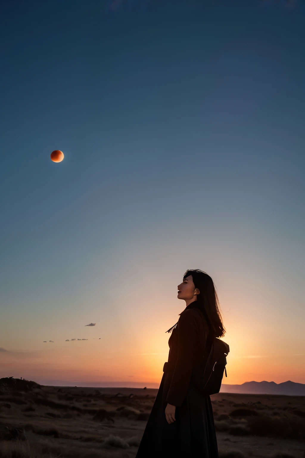 ((best quality)), ((masterpiece)), (detailed), perfect face
A Beautyfull women stands on a barren landscape, gazing at a large, vibrant red moon rising over the horizon. The individual is dressed in a warm coat and carries a backpack, suggesting they might be embarking on an adventure or returning from one. The sky above them is dark with stars twinkling faintly, adding to the otherworldly ambiance of the scene.
