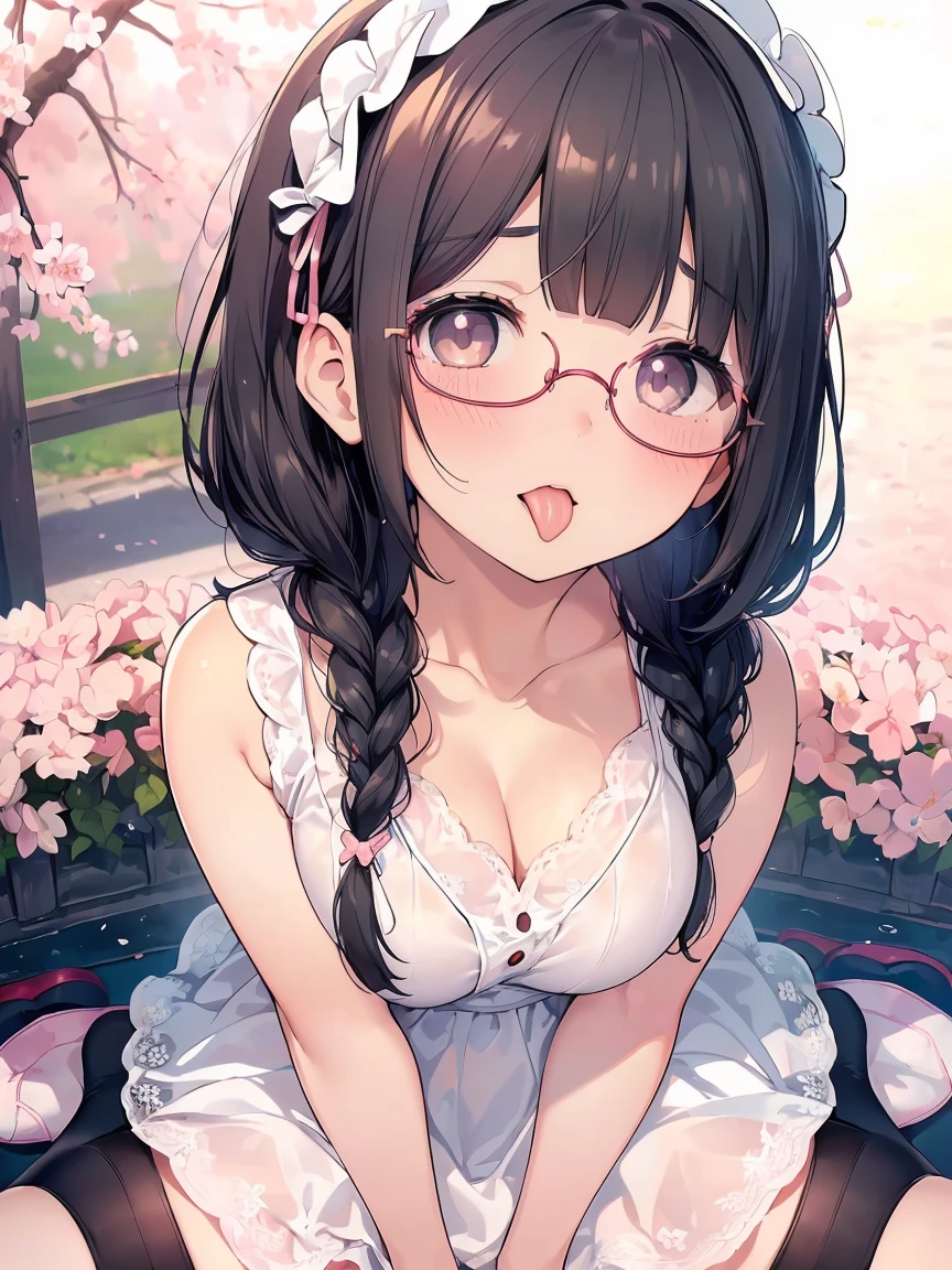 Very detailed, highest quality, High resolution, Moe Anime, ((A cute  with black hair and droopy eyes)), ((Wearing large round glasses:1.4)), (Baby Face), Cute eyes, eye depiction, Sparkle in the eyes, View your viewers, Pale skin, (Big eyes:1.4, Droopy eyes:1.4, Fatty face:1.4), smile, Focus on the face, In the park with cherry blossoms falling, Sitting, (Extreme close up of tongue), (((From above))), Open your mouth, (((Face only:1.3))), ((white lace sleeveless dress)), Bright Eyes, Light from the front, (Put your hands between your legs:1.4), large and long tongue, Cleavage, Braided Hair, Pink ribbon, Sweat, saliva