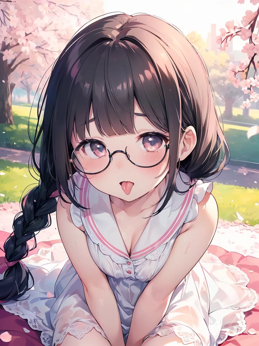 Very detailed, highest quality, High resolution, Moe Anime, ((A cute elementary school girl with black hair and droopy eyes)), ((Wearing large round glasses:1.4)), (Baby Face), Cute eyes, Detailed eye depiction, Sparkle in the eyes, View your viewers, Pale skin, (Big eyes:1.4, Droopy eyes:1.4, Fatty face:1.4), smile, Focus on the face, In the park with cherry blossoms falling, Sitting, (Extreme close up of tongue), (((From above))), Open your mouth, (((Face only:1.3))), ((white lace sleeveless dress)), Bright Eyes, Light from the front, (Put your hands between your legs:1.4), large and long tongue, Cleavage, Braided Hair, Pink ribbon, Sweat, saliva