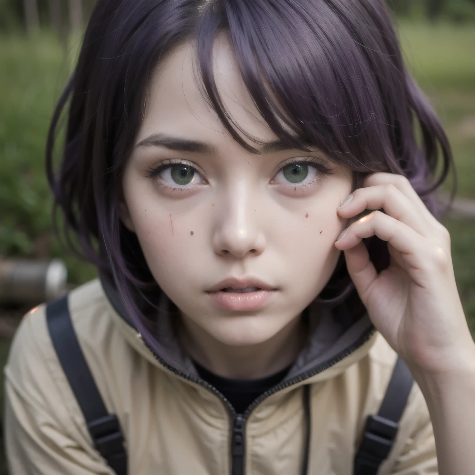 Girl wears open combenison, Chernobyl exclusion zone, S.T.A.L.K.E.R, purple hair, green eyes, scar above her left eyebrow, unarmed, scared.