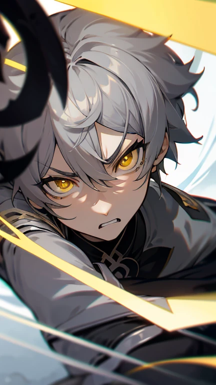 Aether from Genshin Impact. Grey Hair. Yellow Eyes. Short hair. 1boy. Perfect face. Perfect eyes. Enraged. Sharp pupils.