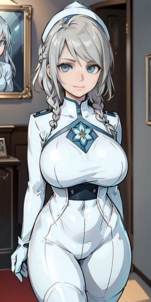 Best image quality, 4k, masterpiece, female, short silver white hair with long braids, beautiful mature bimbo milf, light brown hair, light blue eyes, sharp eyes looking at the camera, face focus, delicate facial features, white uniform, white gloves hat, arms holding flowers (bouquet), artistic lighting, portraiture, face magnification, [elegant demeanor, dignified atmosphere and excellent posture that catches the eye + beautiful face + portrait painting effect] (large breasts:1.5) (beautiful detailed eyes) (smile:1.2) (closed mouth) sharp focus, depth of field, good composition, stockings, toned body, athletic, wide hips, thin waist, toned arms, exposed abdomen, view from behind